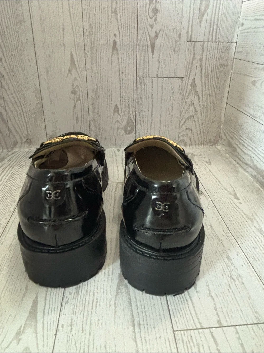 Sam Edelman Black Patent Loafers with Gold Hardware - Kids